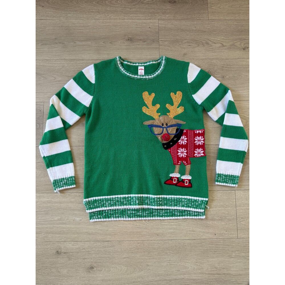 Holiday Time Womens M Ugly Christmas Sweater Reindeer Sequin Green Striped